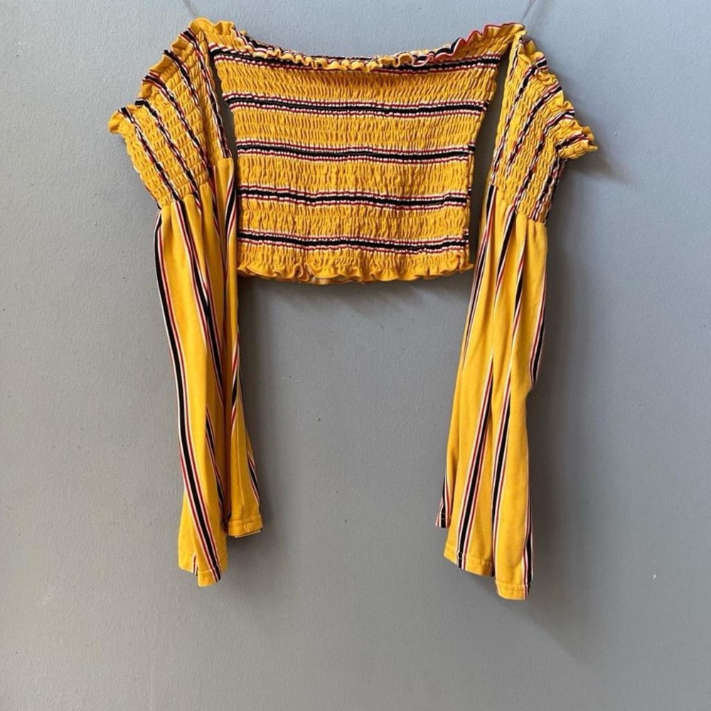 Yellow Striped Off-Shoulder Bell Sleeve Crop Top - Picture 2 of 2